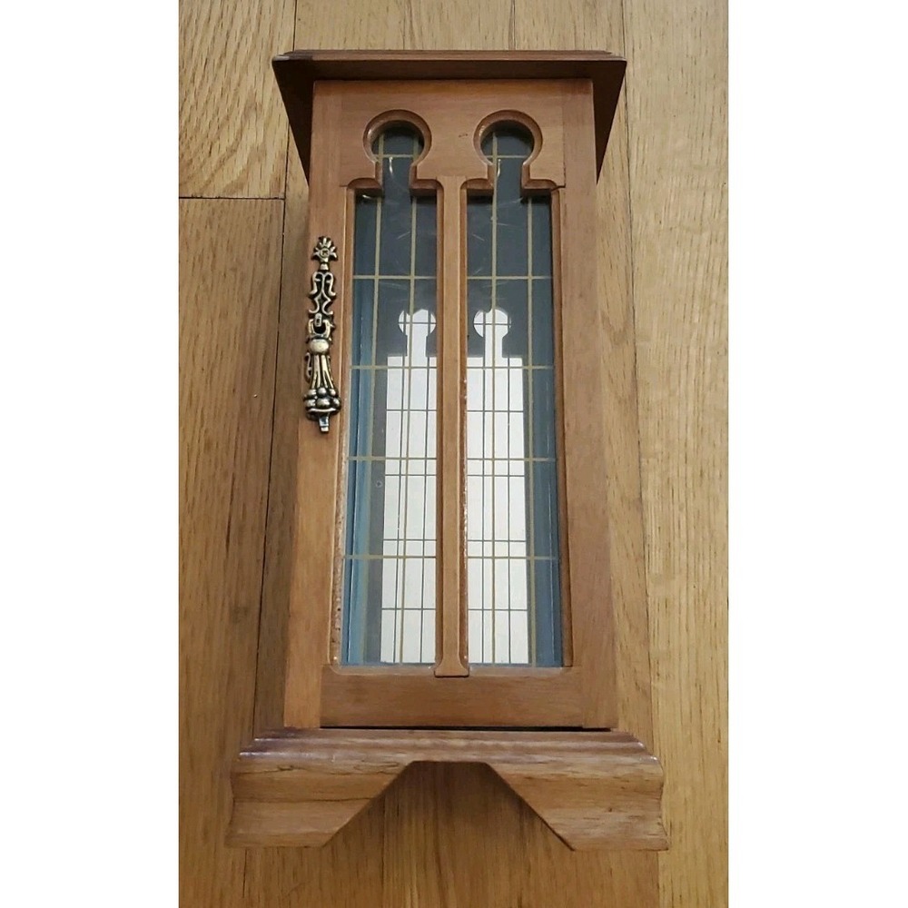 Vintage Standing Wood Jewelry Box with Mirror‎ & Turquoise Blue Interior